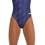 Arena Women's Kikko Pro Challenge Back One Piece Swimsuit - A dark blue one-piece swimsuit with a geometric pattern and thin straps.