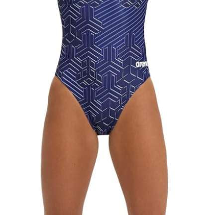 Arena Women's Kikko Pro Challenge Back One Piece Swimsuit - A dark blue one-piece swimsuit with a geometric pattern and thin straps.