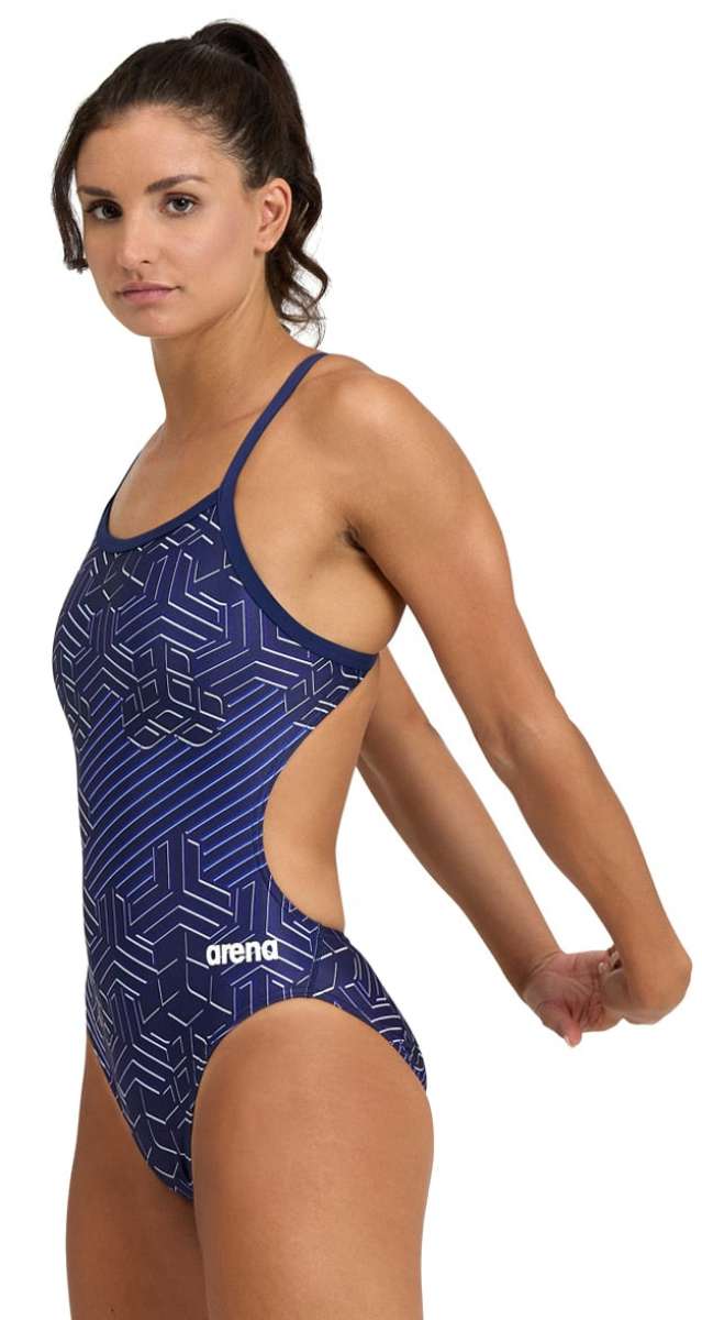 Arena Women's Kikko Pro Challenge Back One Piece Swimsuit - A dark blue one-piece swimsuit with a geometric pattern and thin straps.