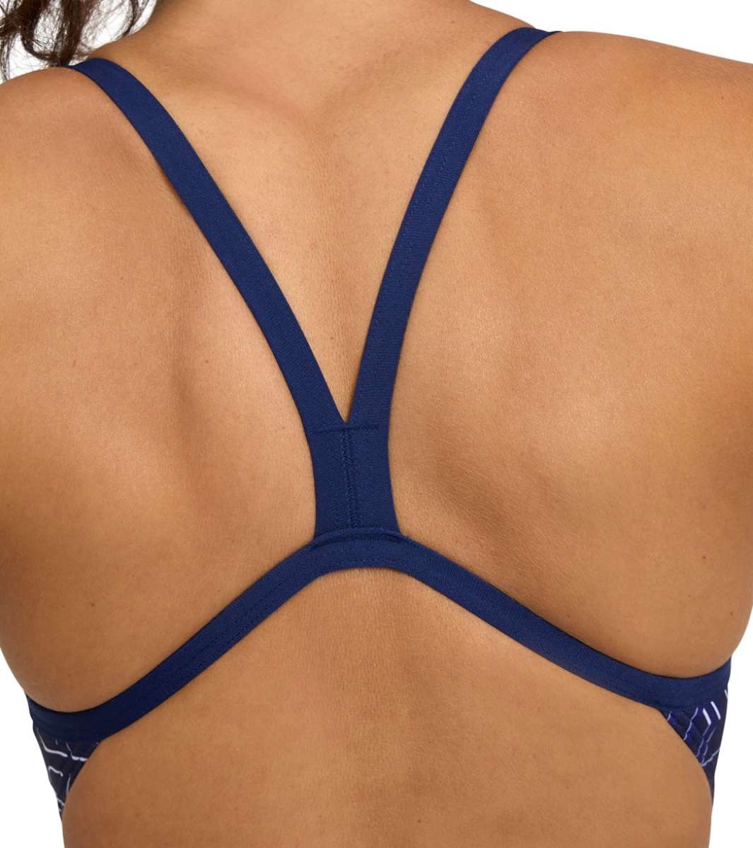 Arena Women's Kikko Pro Challenge Back One Piece Swimsuit - A navy blue one-piece swimsuit with a geometric pattern on the sides and straps.