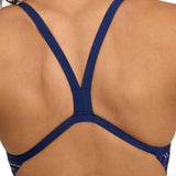 Arena Women's Kikko Pro Challenge Back One Piece Swimsuit - A navy blue one-piece swimsuit with a geometric pattern on the sides and straps.