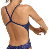 Arena Women's Kikko Pro Challenge Back One Piece Swimsuit - A dark blue one-piece swimsuit with a geometric pattern and thin straps that cross in the back.