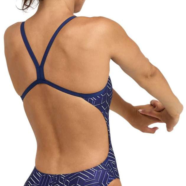 Arena Women's Kikko Pro Challenge Back One Piece Swimsuit - A dark blue one-piece swimsuit with a geometric pattern and thin straps that cross in the back.