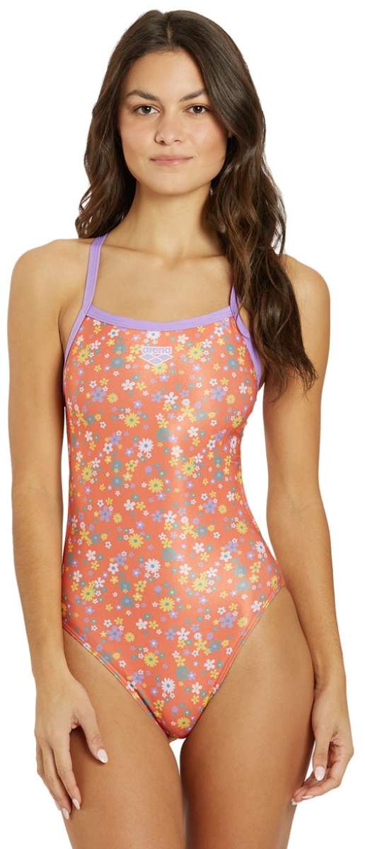 Arena Women's Lydia Jacoby Simone Manuel Challenge Back One Piece Swimsuit - A coral-colored one-piece swimsuit with a floral pattern of white, yellow, and blue flowers.