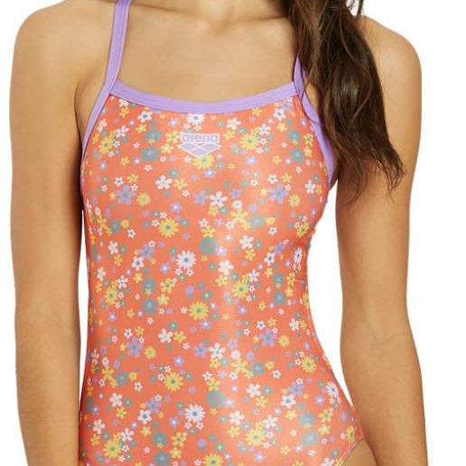 Arena Women's Lydia Jacoby Simone Manuel Challenge Back One Piece Swimsuit - A coral-colored one-piece swimsuit with a floral pattern of white, yellow, and blue flowers.