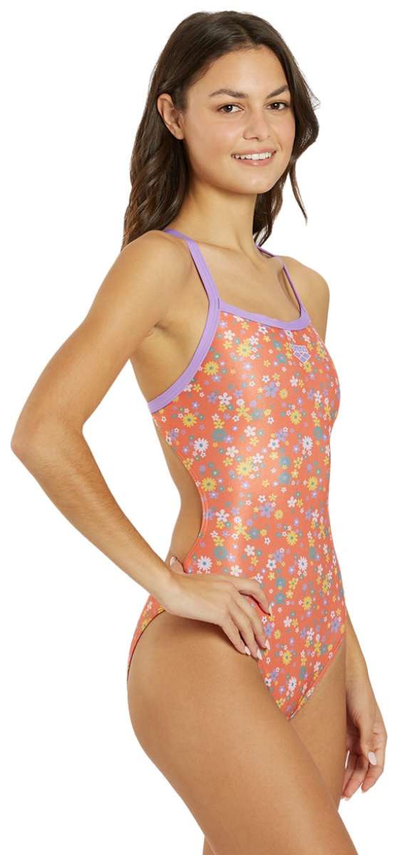 Arena Women's Lydia Jacoby Simone Manuel Challenge Back One Piece Swimsuit - A coral-colored one-piece swimsuit with a floral pattern of white, yellow, and blue flowers.