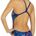 Arena Women's Lydia Jacoby Simone Manuel Challenge Back One Piece Swimsuit - A navy blue one-piece swimsuit with a high neckline and thin straps that cross in the back.