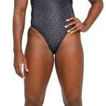 Arena Women's Lydia Jacoby Simone Manuel Challenge Back One Piece Swimsuit - Black one-piece swimsuit with a geometric pattern of light blue and dark blue shapes.