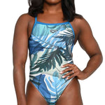 Arena Women's Lydia Jacoby Simone Manuel Challenge Back One Piece Swimsuit - A one-piece swimsuit with a blue and white geometric pattern, featuring a high neckline and thin straps.