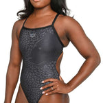 Arena Women's Lydia Jacoby Simone Manuel Challenge Back One Piece Swimsuit - A black one-piece swimsuit with a subtle leopard print pattern and thin straps.
