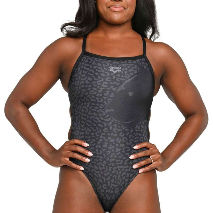 Arena Women's Lydia Jacoby Simone Manuel Challenge Back One Piece Swimsuit - Black one-piece swimsuit with a subtle leopard print pattern and a distinctive "Challenge" logo on the back.