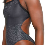 Arena Women's Lydia Jacoby Simone Manuel Challenge Back One Piece Swimsuit - Black one-piece swimsuit with a leopard print design and a cut-out detail on the back.