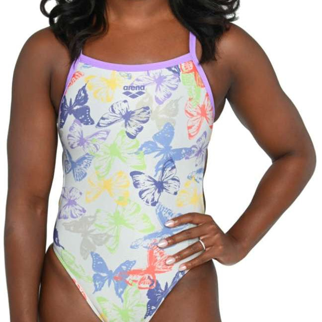 Arena Women's Lydia Jacoby Simone Manuel Challenge Back One Piece Swimsuit - A white one-piece swimsuit with a purple trim and a butterfly pattern in various colors, including blue, green, yellow, orange, and red.