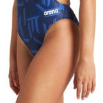 Arena Women's Puzzled Challenge Back One Piece Swimsuit - A blue one-piece swimsuit with a geometric pattern of light and dark blue lines, featuring thin straps on the back.
