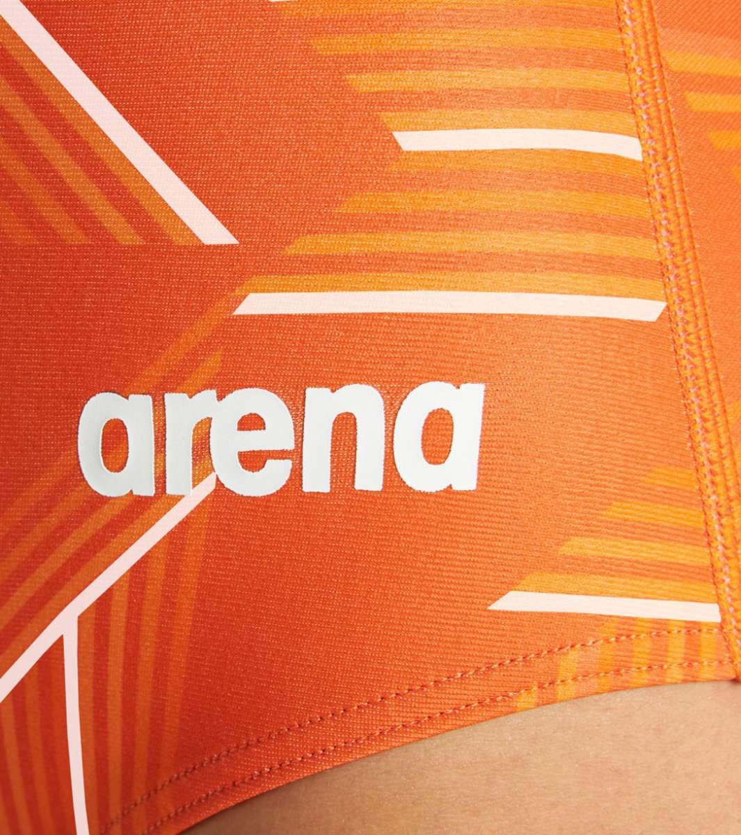 Arena Women's Puzzled Light Drop Back One Piece Swimsuit - A one-piece swimsuit with a light orange and yellow geometric pattern, featuring a drop-back design.