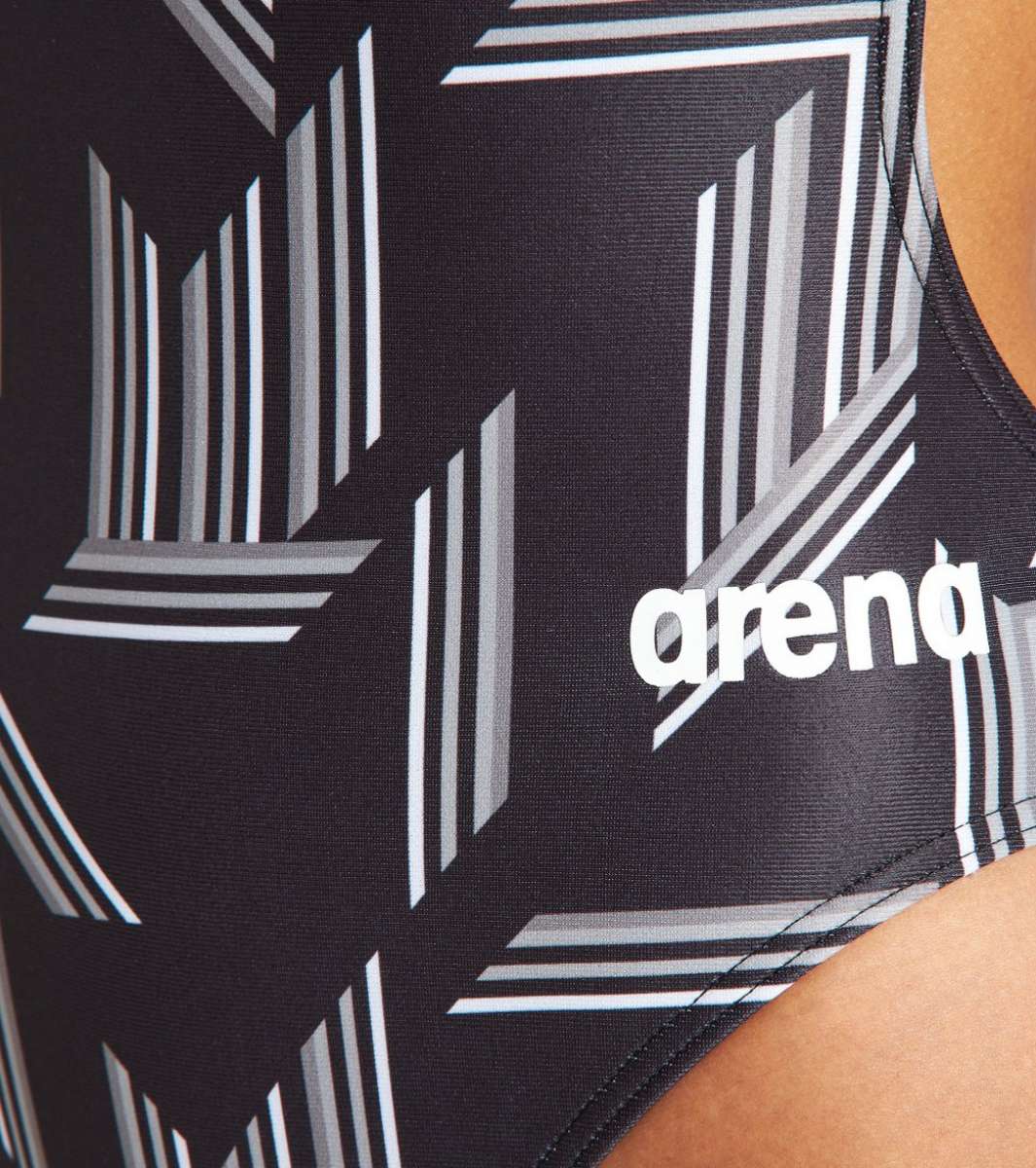 Arena Women's Puzzled Light Drop Back One Piece Swimsuit - A black one-piece swimsuit with a geometric pattern of light gray lines and shapes.