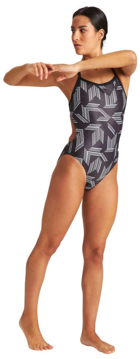 Arena Women's Puzzled Light Drop Back One Piece Swimsuit - A black one-piece swimsuit with a geometric pattern of white lines and shapes.
