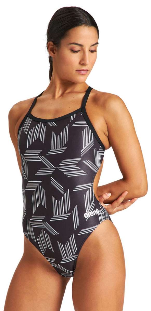 Arena Women's Puzzled Light Drop Back One Piece Swimsuit - A black one-piece swimsuit with a geometric pattern of white lines and shapes.