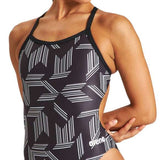 Arena Women's Puzzled Light Drop Back One Piece Swimsuit - A black one-piece swimsuit with a geometric pattern of white lines and shapes.