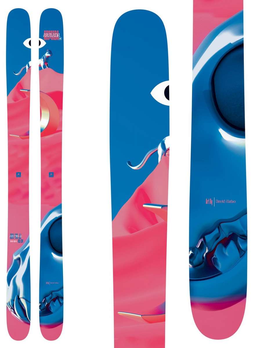 Armada ARV 116 JJ Skis 2024 - Blue skis with a white logo and red lettering on top of a pink background.