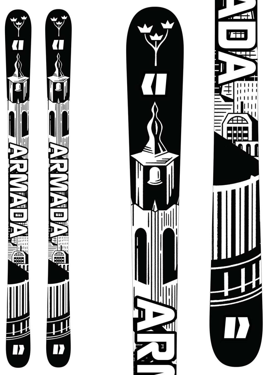 Armada Edollo Skis 2024 - Black skis with white lettering and graphics, featuring a building design on top.