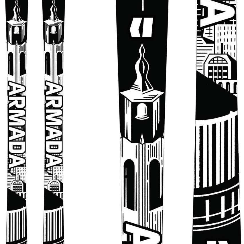 Armada Edollo Skis 2024 - Black skis with white lettering and graphics, featuring a building design on top.