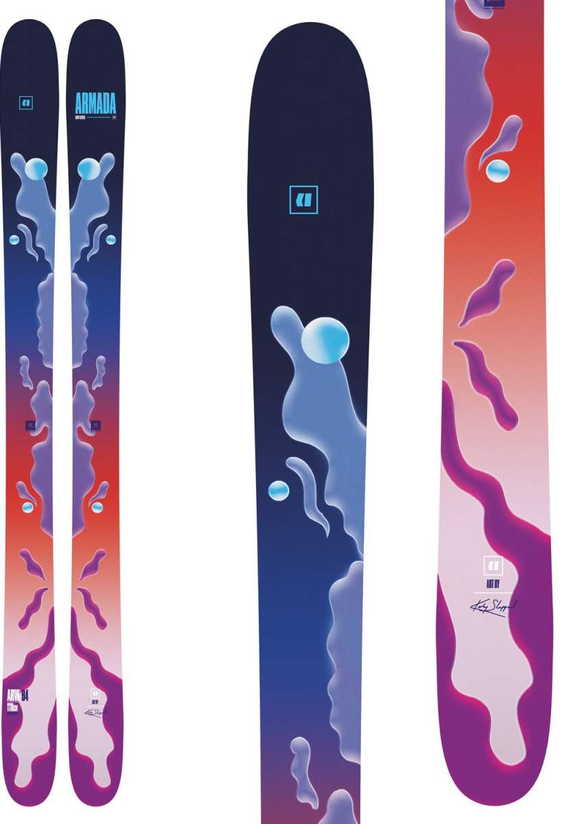 Armada Women's ARW 94 Skis 2024 - A pair of skis with a dark blue top and purple bottom, featuring a distinctive abstract design in light blue and white.