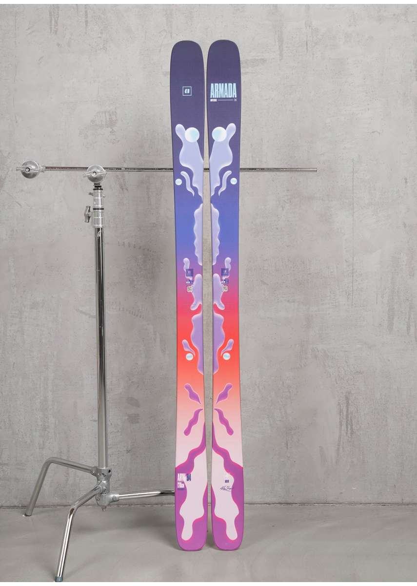 Armada Women's ARW 94 Skis 2024 - A pair of skis with a purple top and white abstract design on a gray background.