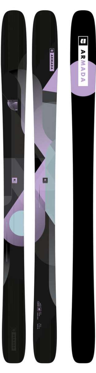 Armada Women's Relience 82 C Skis 2024 - Black skis with purple and gray geometric design on top sheet.