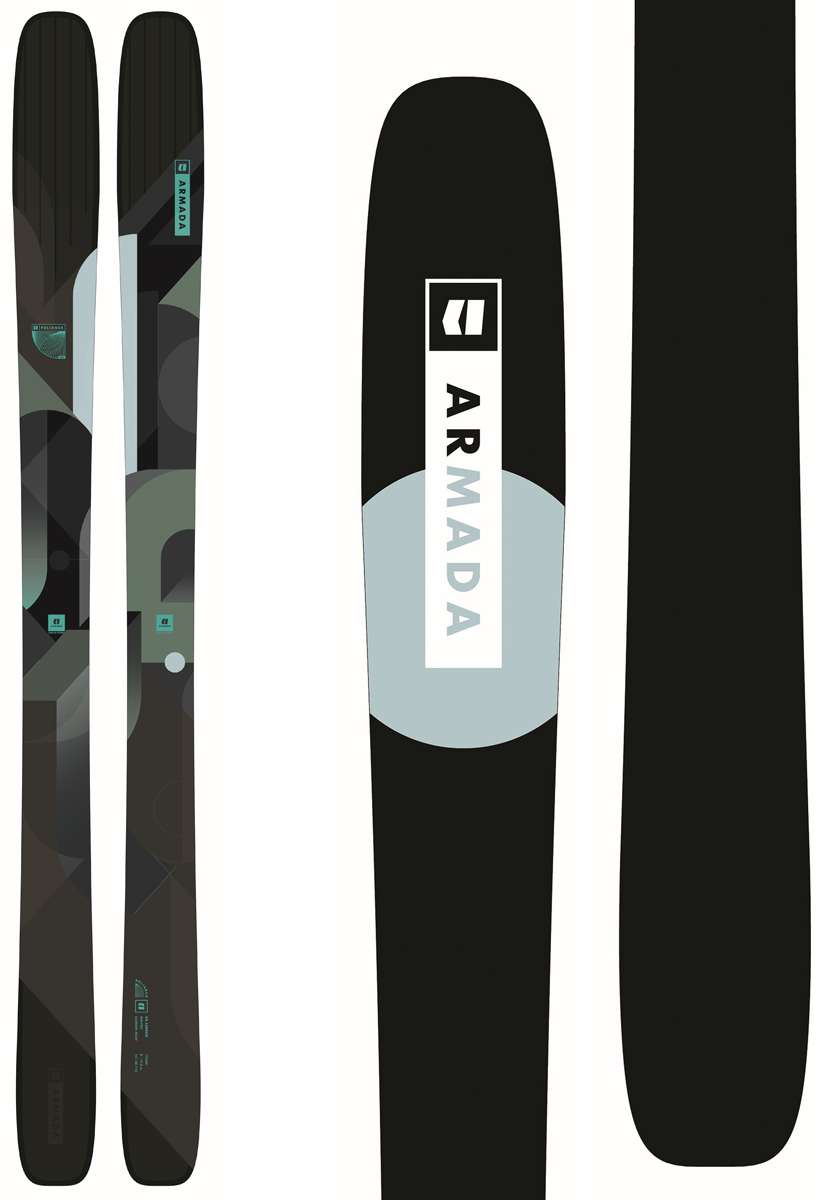 Armada Women's Relience 88 C Skis 2024 - Black skis with a geometric pattern of gray shapes and green accents.