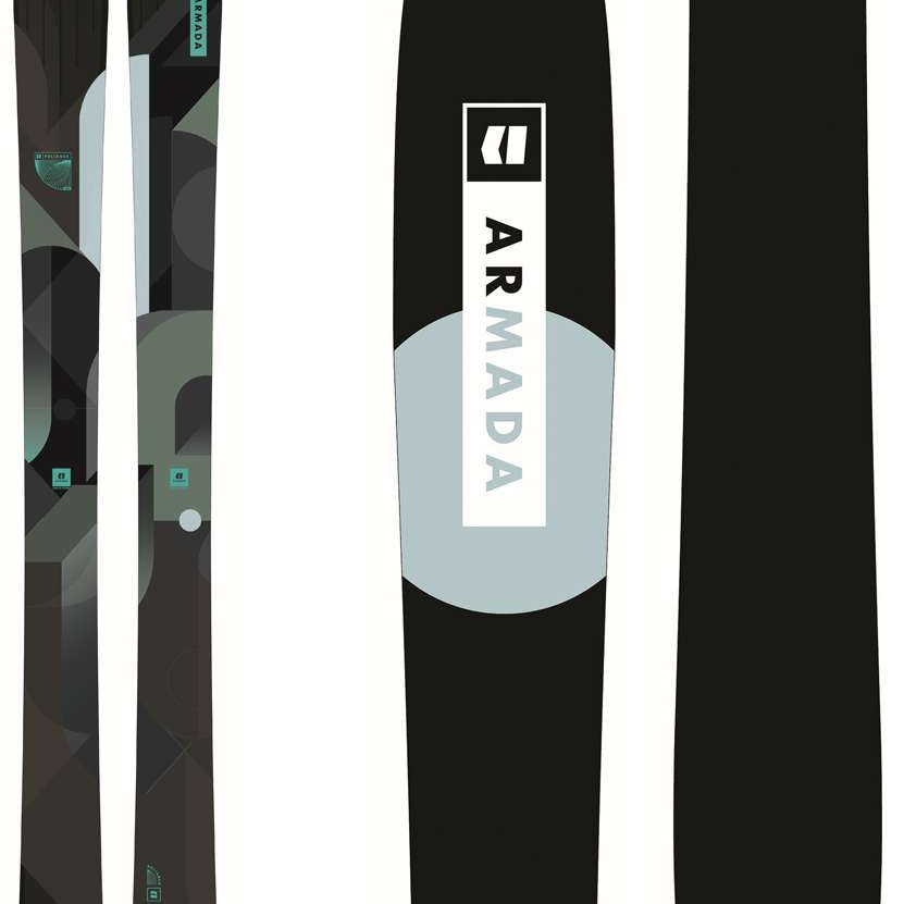 Armada Women's Relience 88 C Skis 2024 - Black skis with a geometric pattern of gray shapes and green accents.