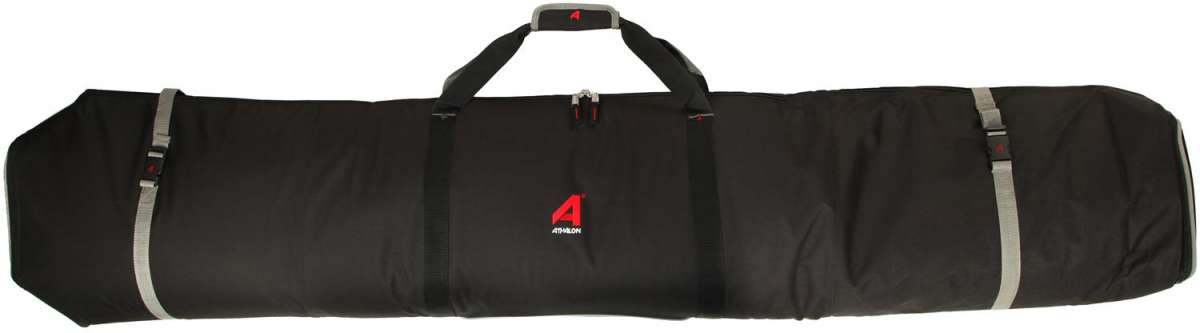 Athalon Expanding Double Ski Pad Bag 2023 - Black bag with gray straps and buckles, featuring a red logo on the front.