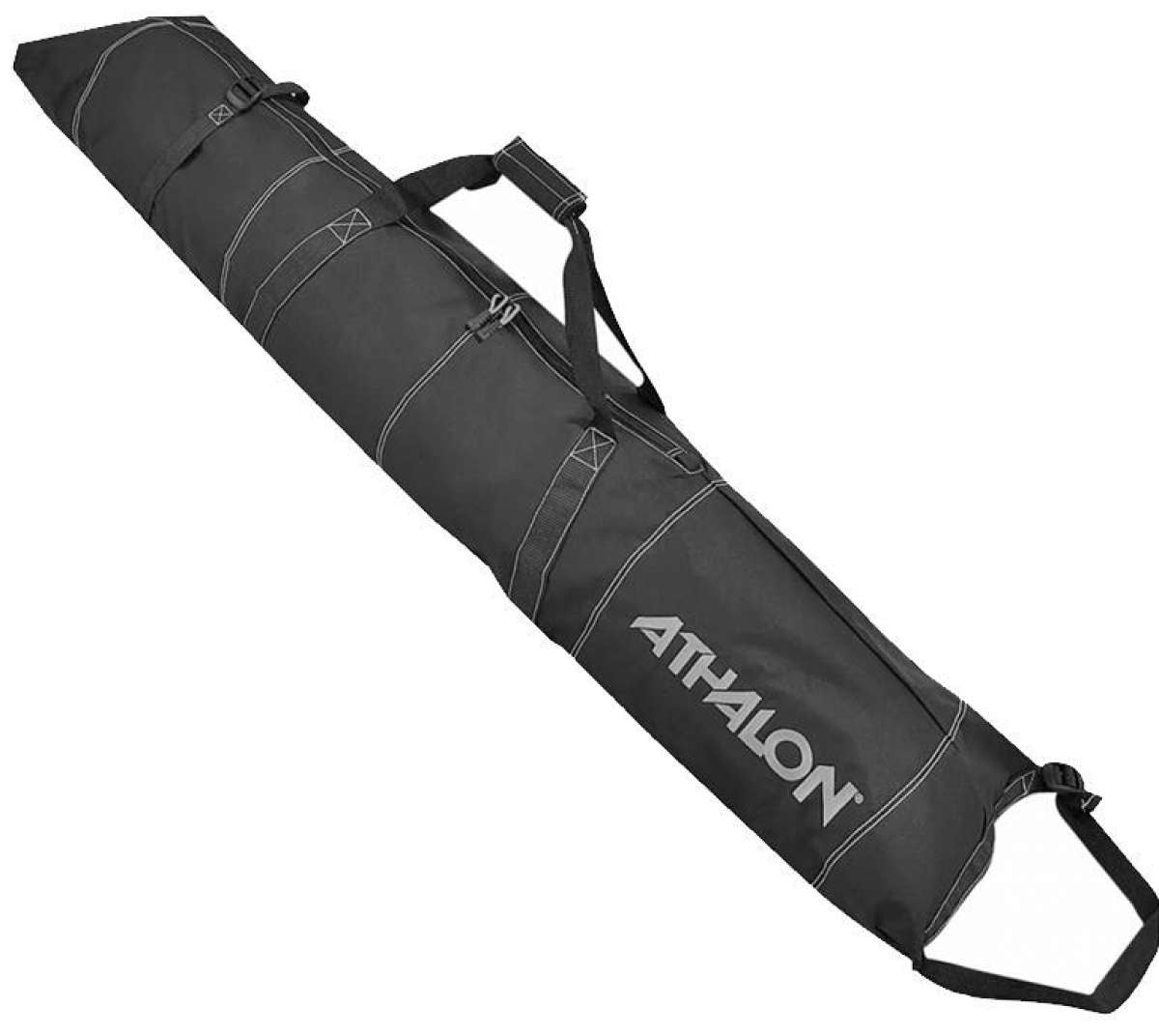 Athalon Non-Padded Ski Bag - A black ski bag with a zippered top and two handles, featuring white stitching on the seams.