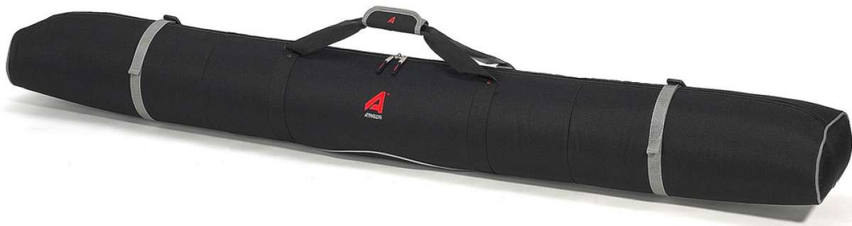 Athalon Single Ski Padded Ski Bag - Black padded bag with red logo and white lettering on top, featuring a handle at one end and a zippered opening.