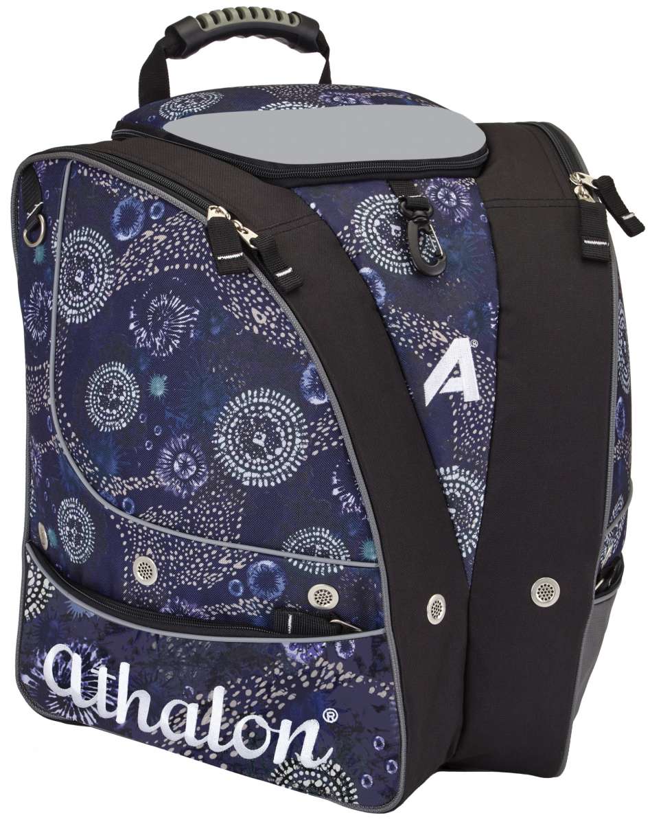 Athalon Tri-Athalon Boot Bag 2022-2023 - A navy blue boot bag with a white floral pattern and gray accents, featuring two zippered pockets on the front.
