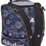 Athalon Tri-Athalon Boot Bag 2022-2023 - A navy blue boot bag with a white floral pattern and gray accents, featuring two zippered pockets on the front.
