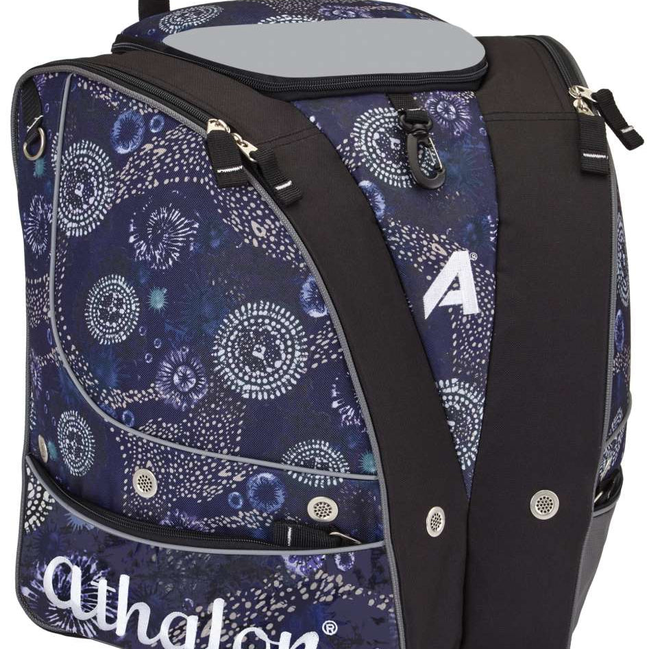 Athalon Tri-Athalon Boot Bag 2022-2023 - A navy blue boot bag with a white floral pattern and gray accents, featuring two zippered pockets on the front.