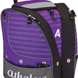 Athalon Tri-Athalon Boot Bag 2022-2023 - A purple boot bag with white stripes and a gray bottom, featuring a zippered top and two handles.