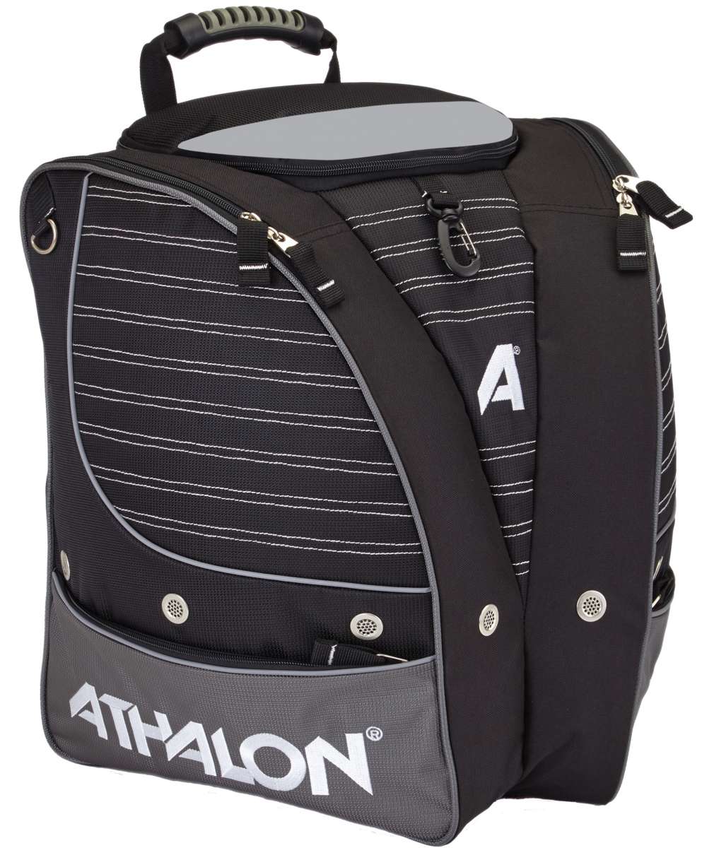 Athalon Tri-Athalon Boot Bag 2022-2023 - A black boot bag with white stripes and a gray bottom, featuring a zippered top and two side pockets.