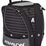 Athalon Tri-Athalon Boot Bag 2022-2023 - A black boot bag with white stripes and a gray bottom, featuring a zippered top and two side pockets.