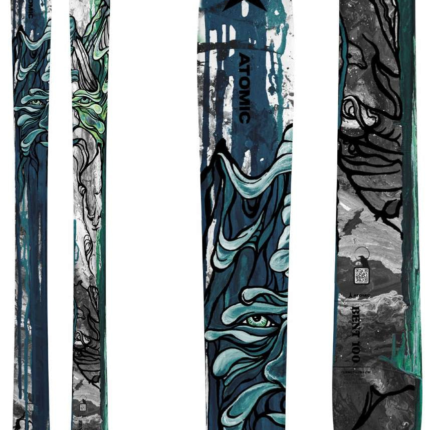 Atomic Bent Chetler 100 Ski 2024 - A blue ski with a black logo and white lettering on top, featuring a green eye graphic.