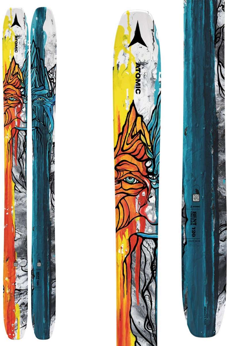 Atomic Bent Chetler 120 Ski 2024 - A pair of skis with a white base and black, orange, and blue graphics on top.