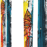 Atomic Bent Chetler 120 Ski 2024 - A pair of skis with a white base and black, orange, and blue graphics on top.