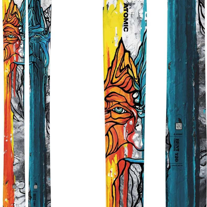 Atomic Bent Chetler 120 Ski 2024 - A pair of skis with a white base and black, orange, and blue graphics on top.