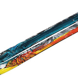 Atomic Bent Chetler 120 Ski 2024 - A blue ski with a white and black abstract design on top of an orange and yellow base.