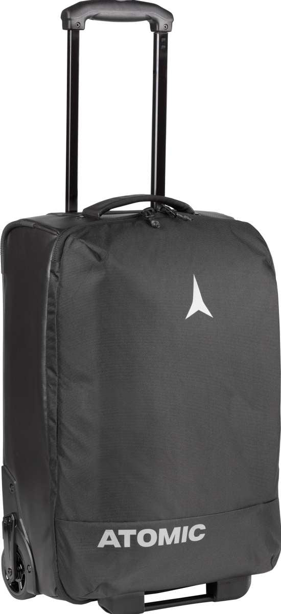 Atomic Cabin Trolly Bag 2022-2023 - A black wheeled suitcase with a retractable handle and zippered pockets.