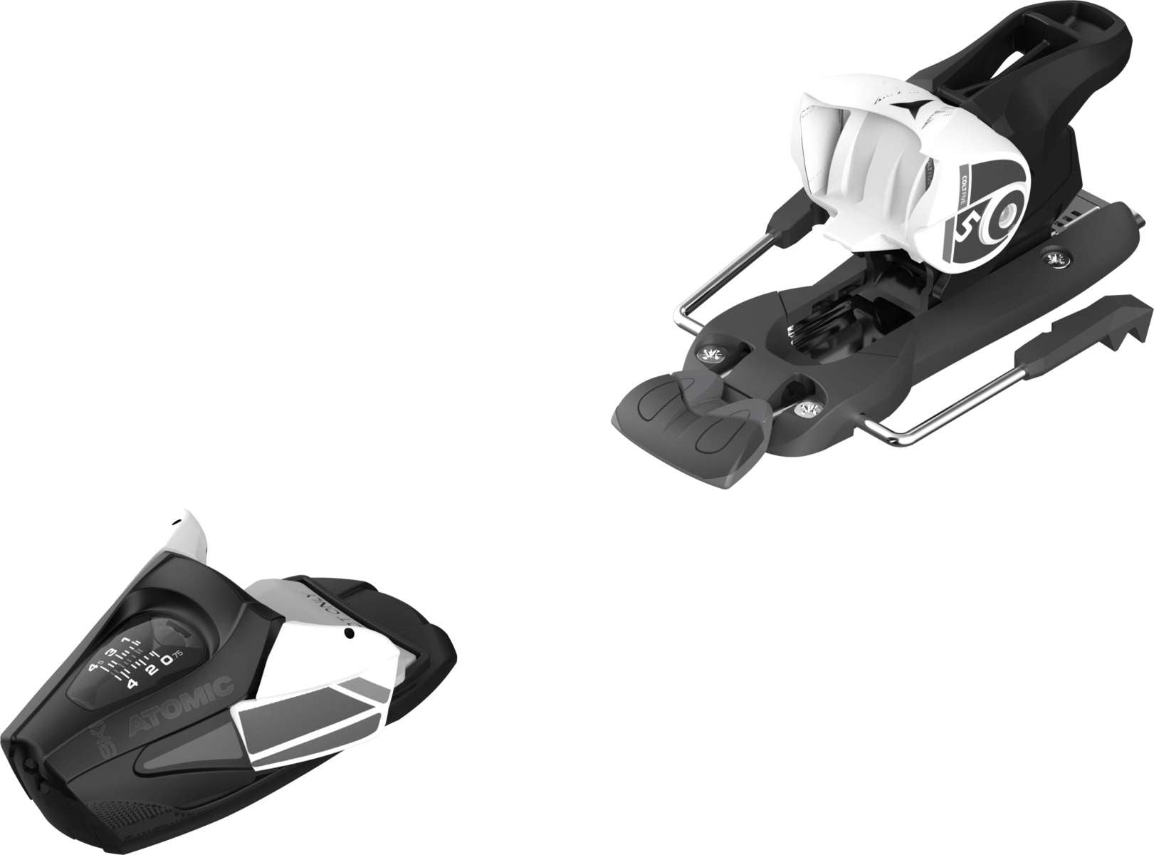 Atomic Colt 5 Junior Ski Bindings 2022-2023 - Black ski bindings with white and gray accents, featuring a black lever on top.