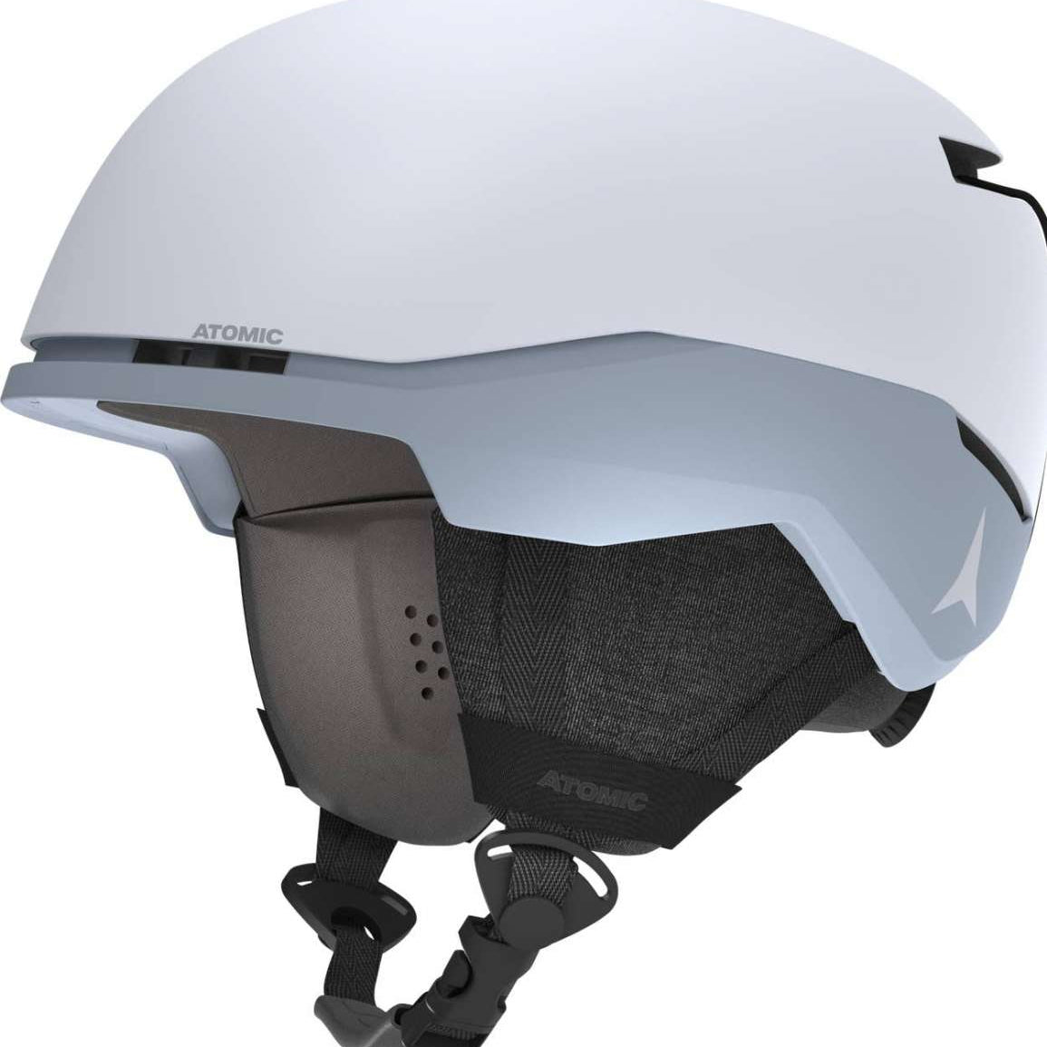 Atomic Four Amid Helmet 2022-2023 - A white helmet with a black visor and chin strap, featuring a sleek design with a subtle logo on the side.