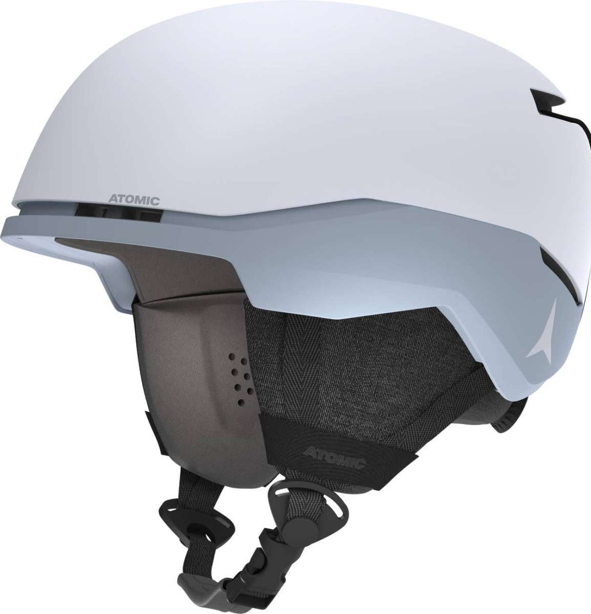 Atomic Four Amid Helmet 2022-2023 - A white helmet with a black visor and chin strap, featuring a sleek design with a subtle logo on the side.