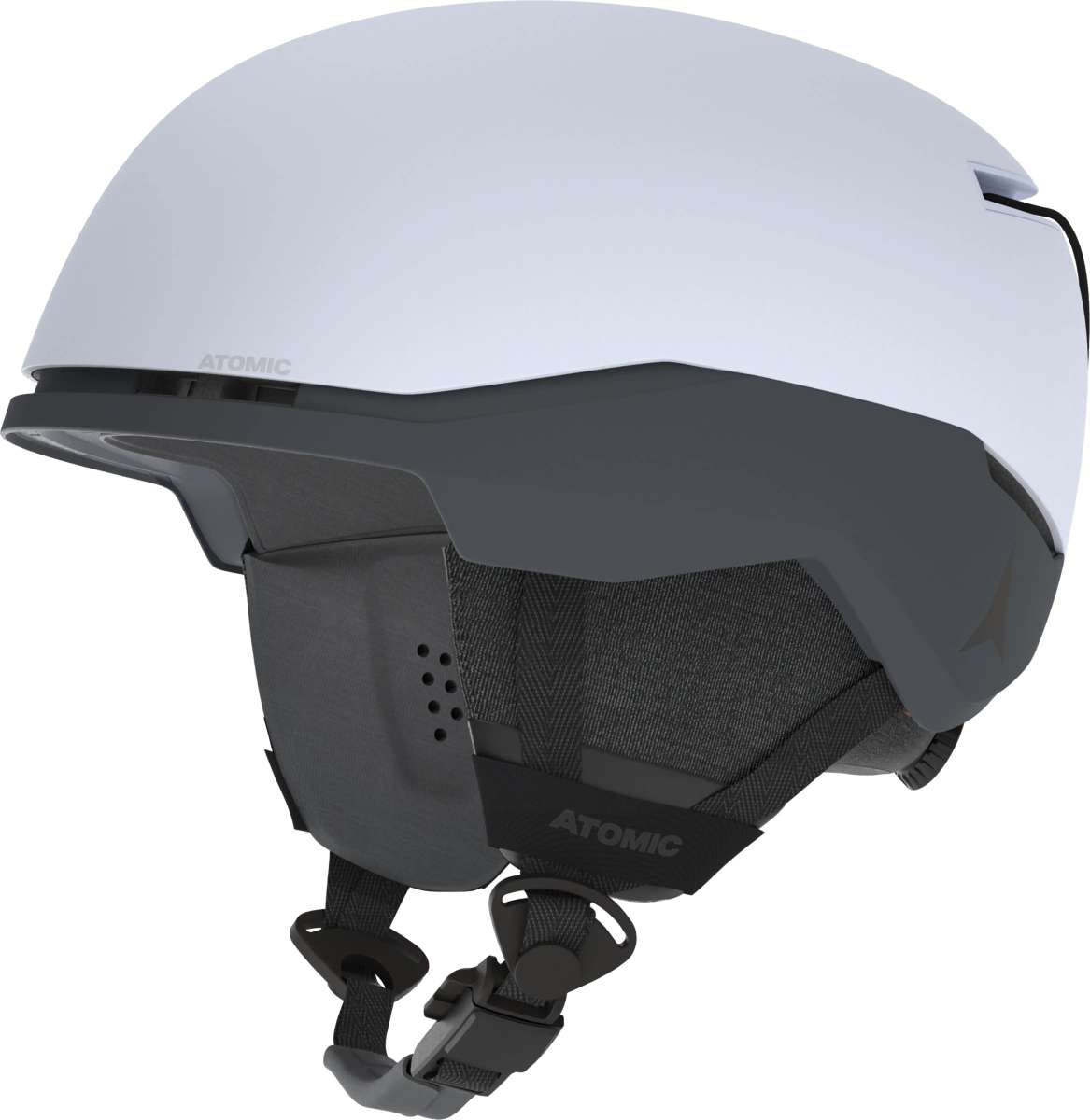 Atomic Four Amid Pro CTD Helmet 2022-2023 - A white helmet with a black visor and chin strap, featuring the word "ATOMIC" in gray on the side.
